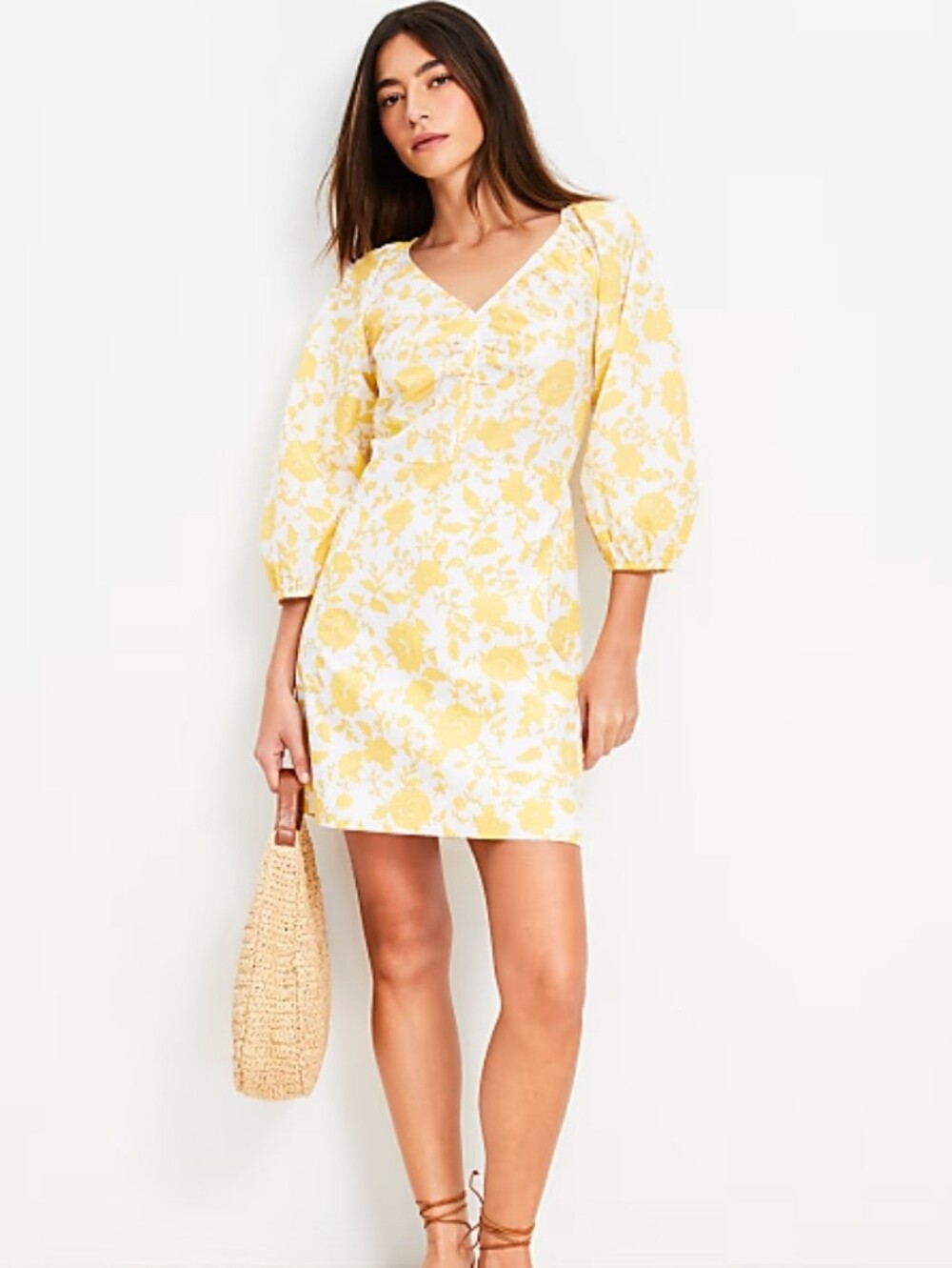 Petite Floral Poplin Shirred Mini Dress Size 8P Soft Lemon Flowers Boho Peasant